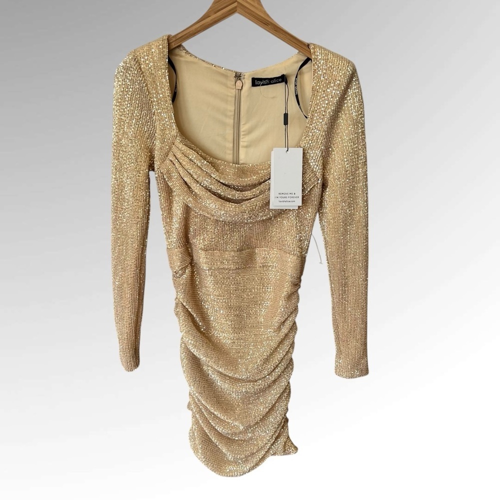 LAVISH ALICE Womens Gold Long Sleeve Mini Cocktail Dress Sequin Ruched